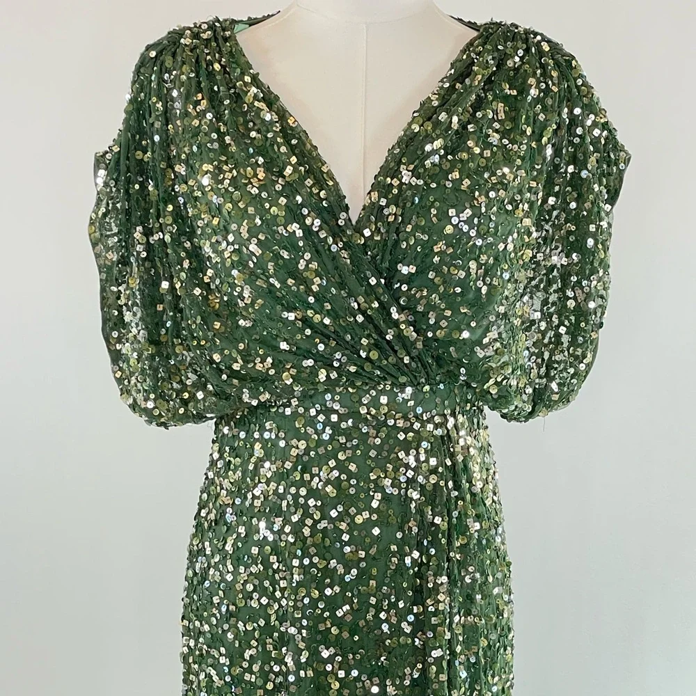 Ieena for Mac Duggal Draped Sleeve Emerald Sequin Gown, 4 - Picture 3 of 10